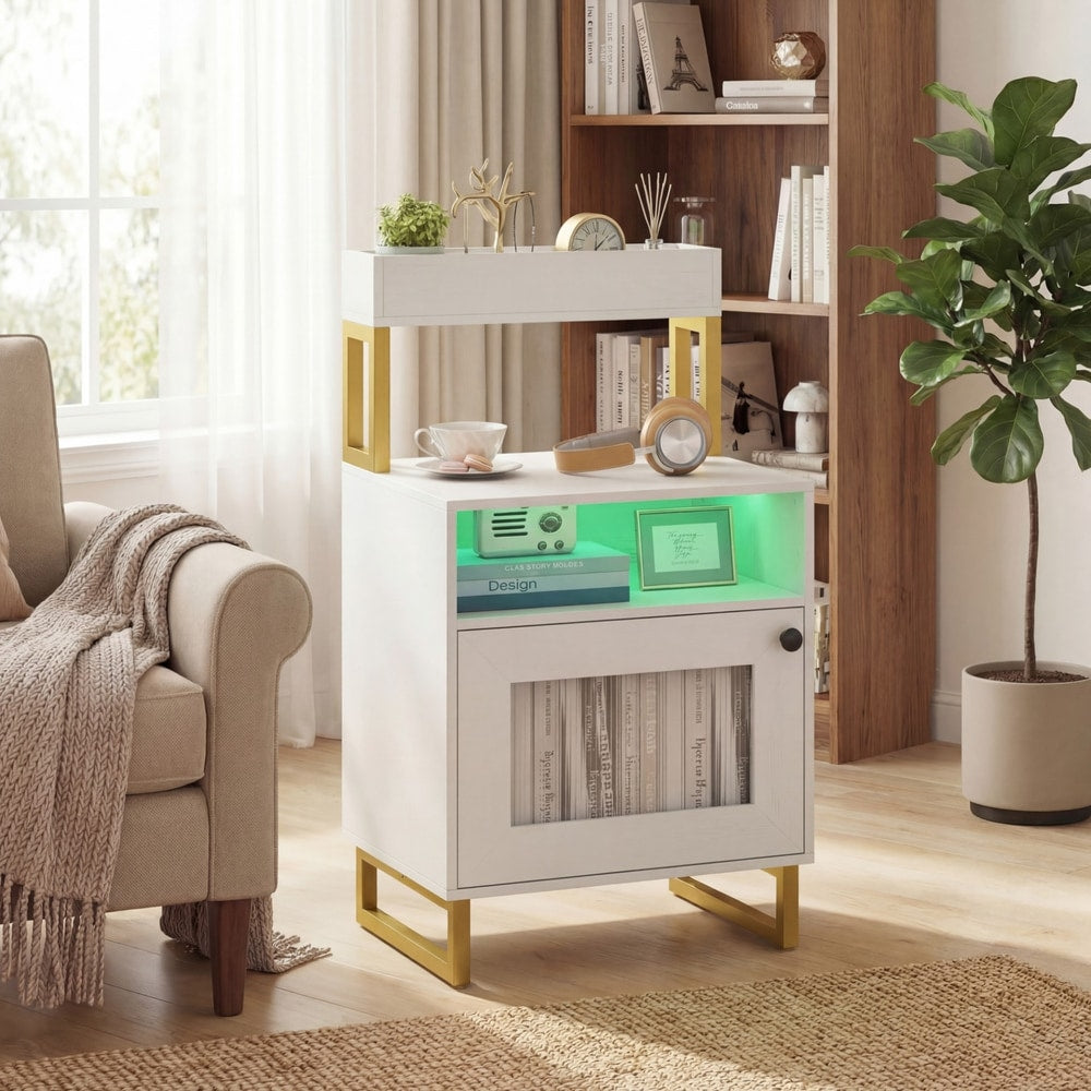 The nightstand with green LED lighting placed next to a comfortable armchair in a living room