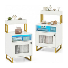 Set of 2 Nightstand with white finish, gold metal legs and blue LED lights on the open shelves