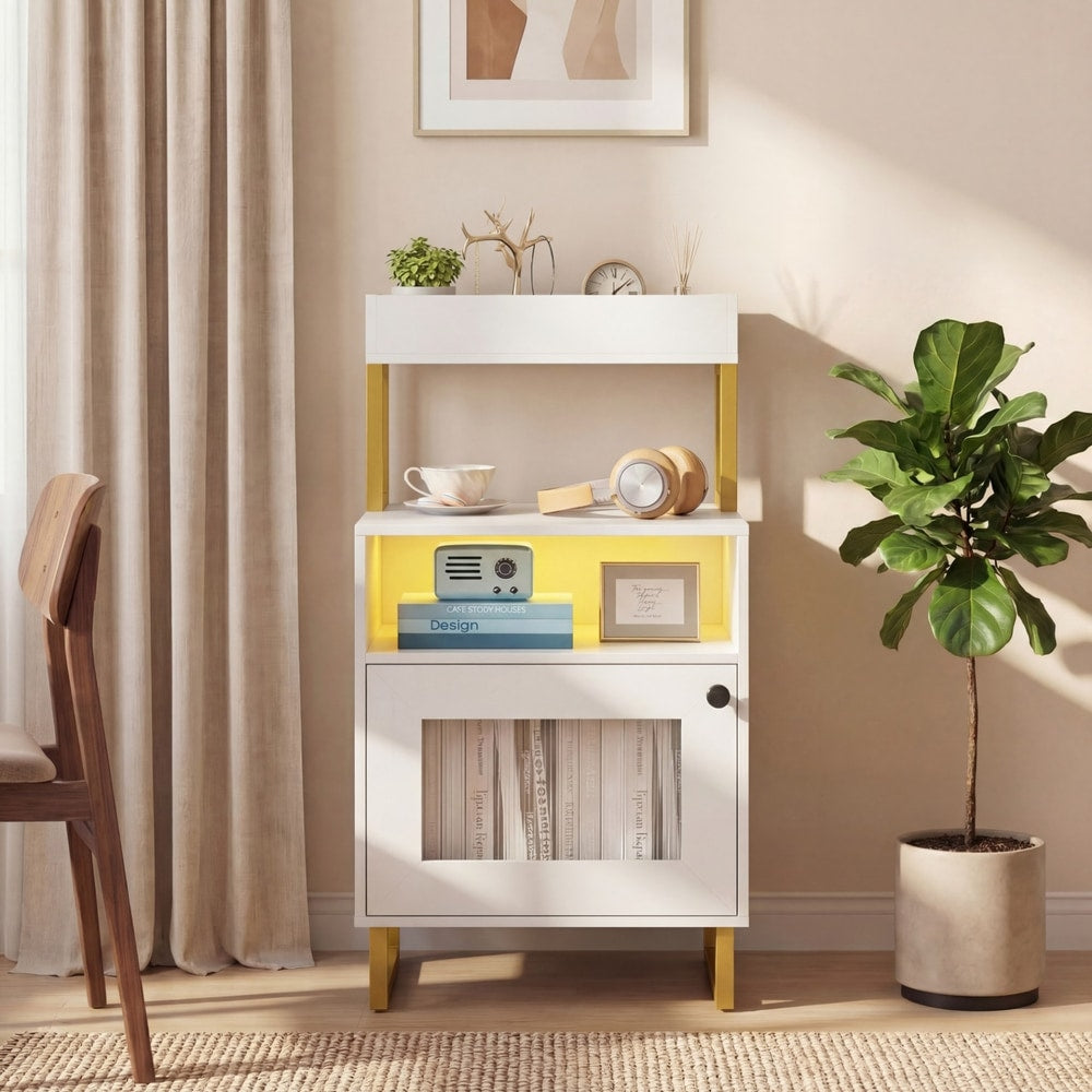 The bedside table with yellow LED lighting positioned in a bright room next to a wooden chair