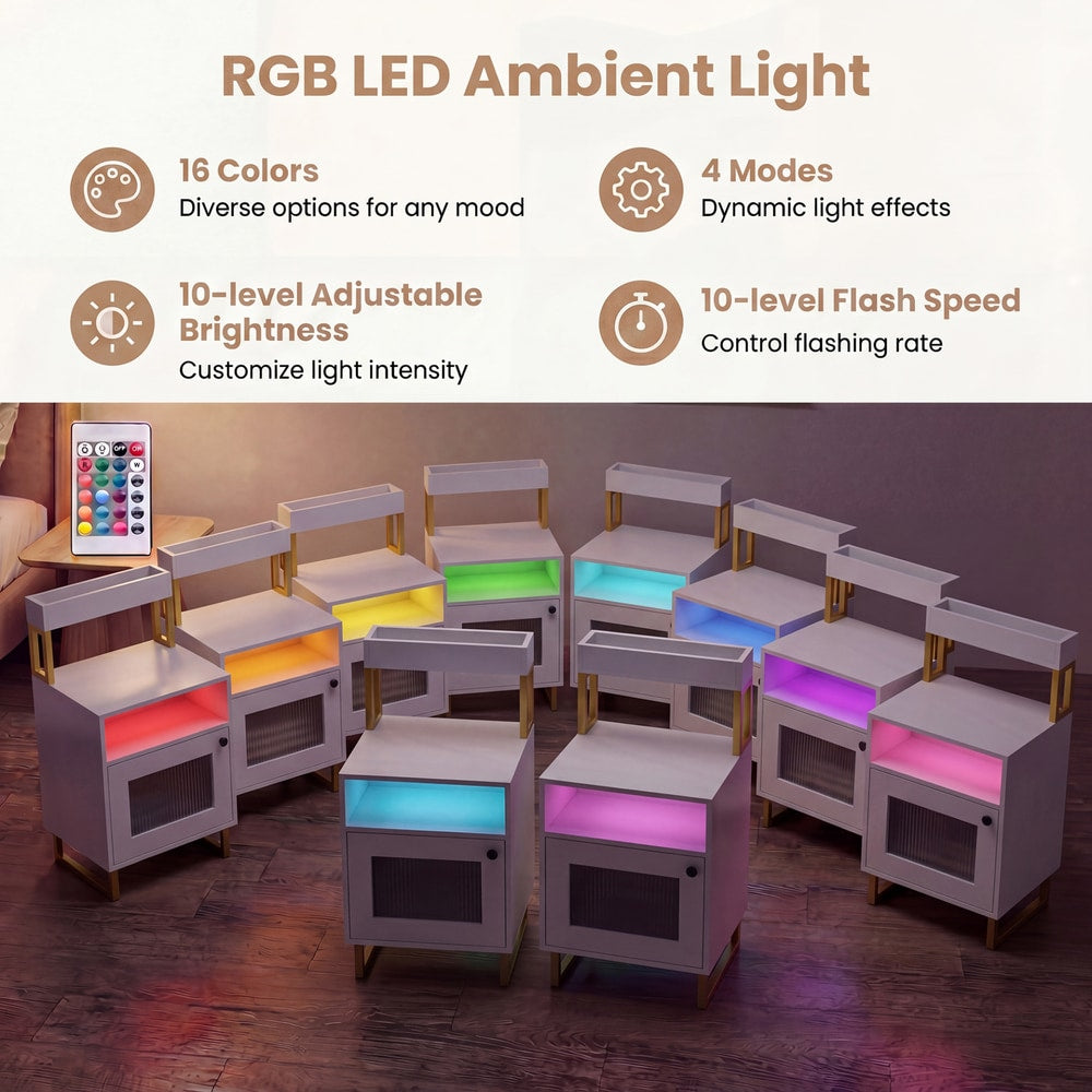 The nightstands displayed in multiple colours of LED light with a remote control shown above