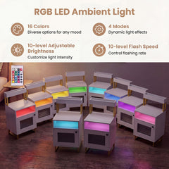 The nightstands displayed in multiple colours of LED light with a remote control shown above