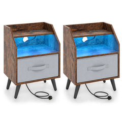 Set of 2 Nightstand with LED Lights and Power Outlets for Bedroom-Rustic Brown