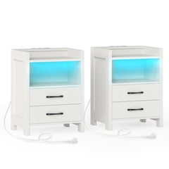 The white nightstands with blue glowing shelves and black handles shown against a plain background