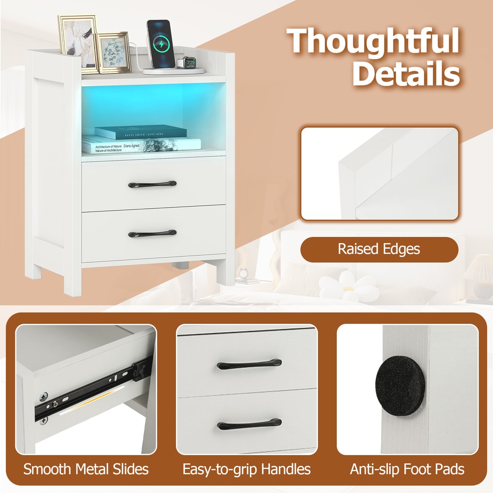 The nightstand showing close-up details of the metal slides, handles and protective foot pads