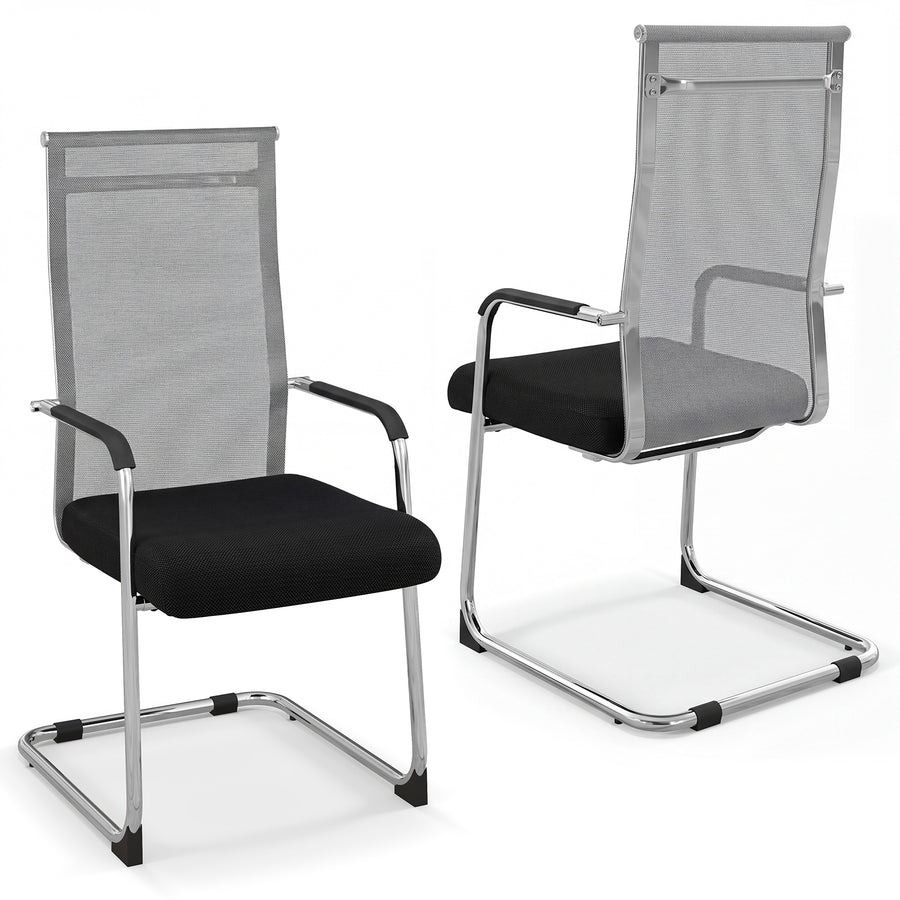 Set of 2 Office Guest Chairs with Metal Sled Base and Armrests-Grey