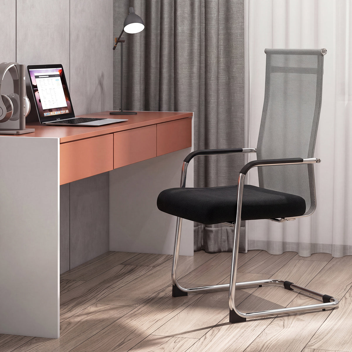 Set of 2 Office Guest Chairs with Metal Sled Base and Armrests-Grey