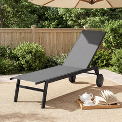 Set of 2 Patio Chaise Lounge Chair with Wheels Outdoor Recliner with 6-Level Adjustable Backrest-Grey