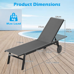 Set of 2 Patio Chaise Lounge Chair with Wheels Outdoor Recliner with 6-Level Adjustable Backrest-Grey