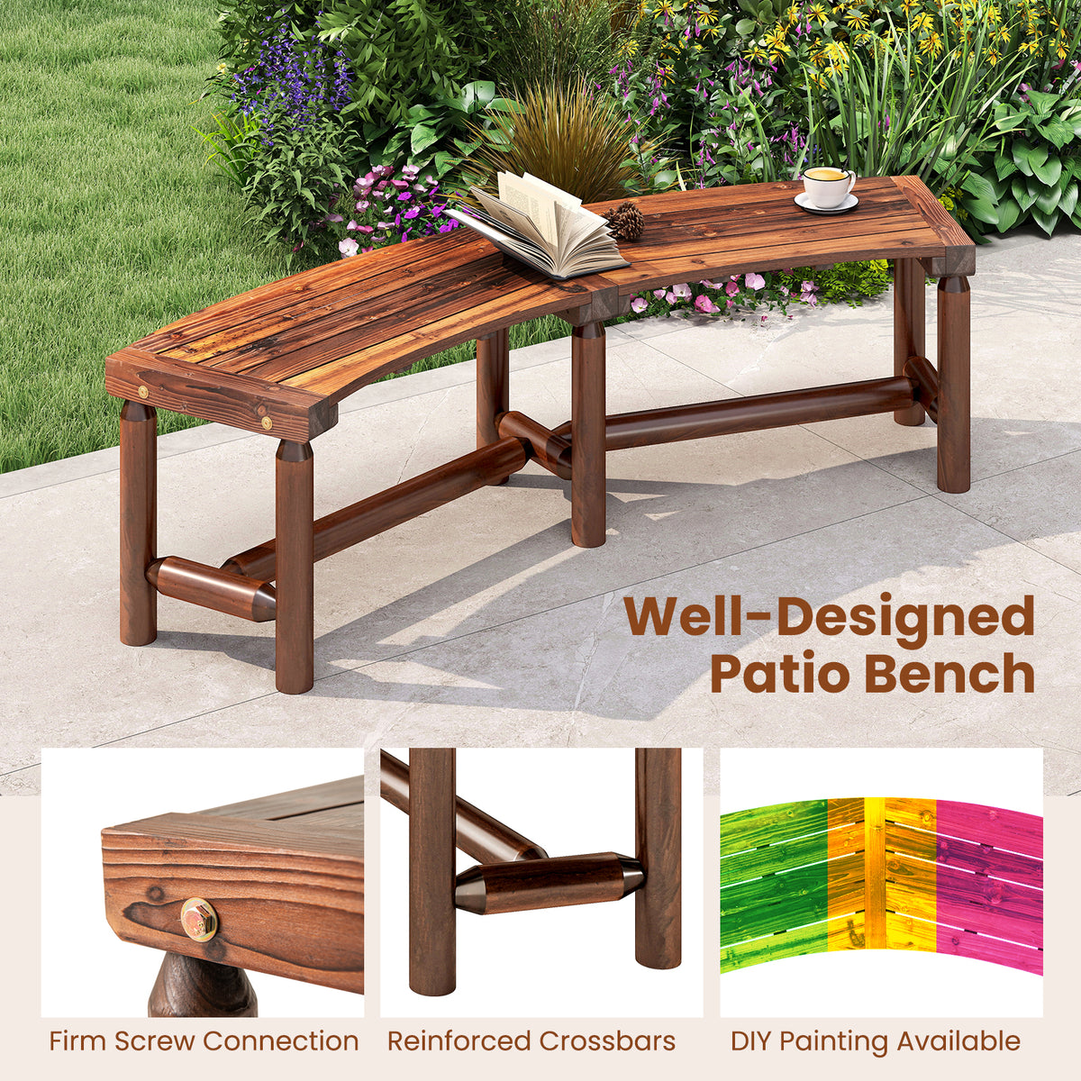 Set of 2 Patio Curved Bench Solid Wood Fire Pit Bench for 2-3 People Outdoor Backless Loveseat-Brown