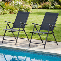 Set of 2 Patio Folding Chairs Adjustable with Breathable Fabric Seats-Black