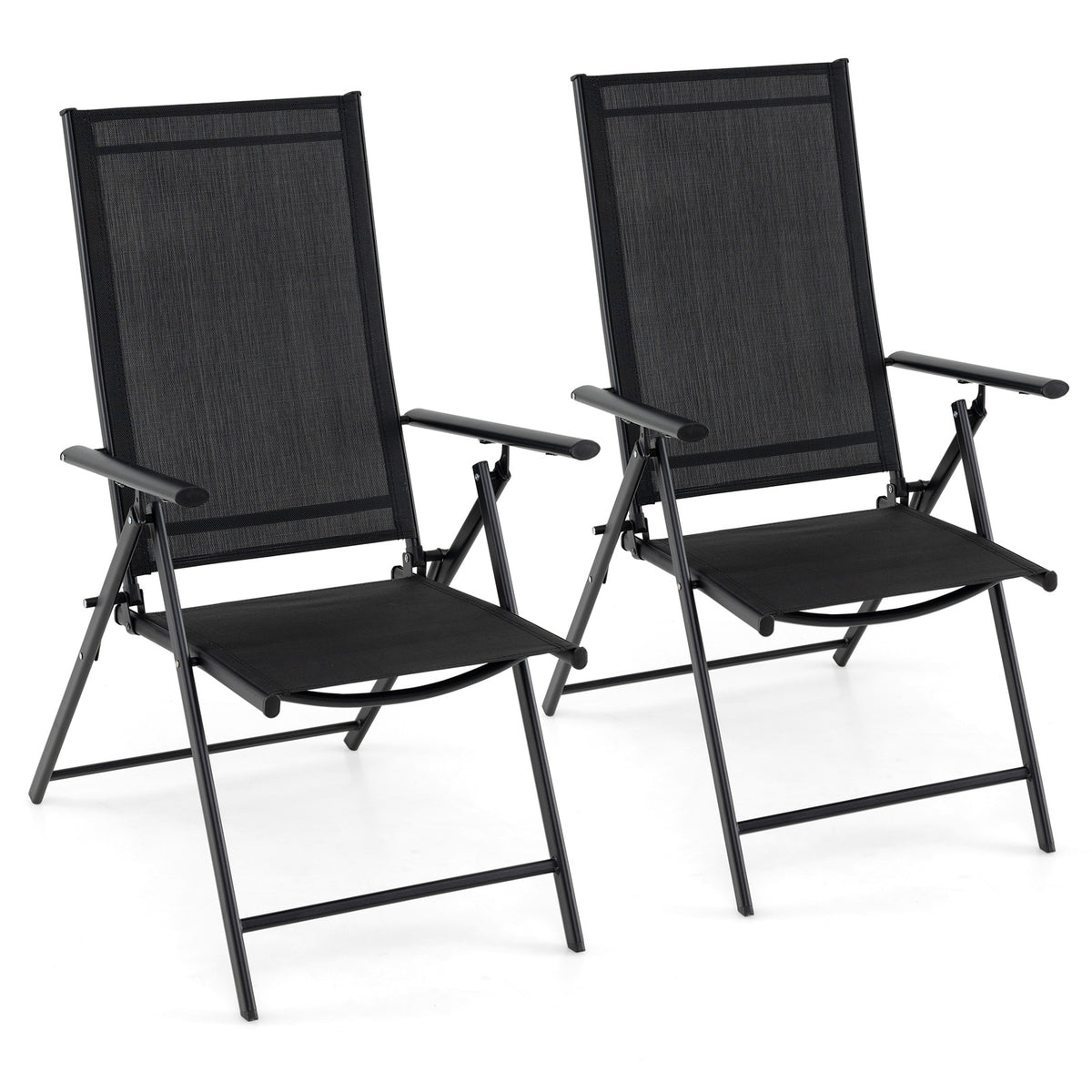 Set of 2 Patio Folding Chairs Adjustable with Breathable Fabric Seats-Black