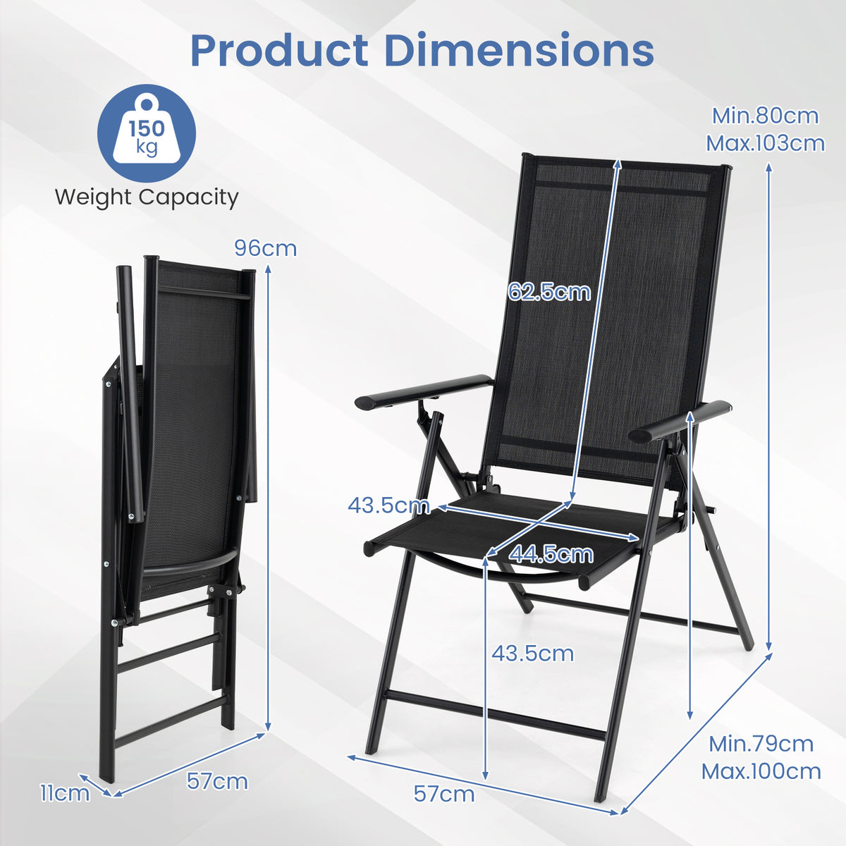 Set of 2 Patio Folding Chairs Adjustable with Breathable Fabric Seats-Black