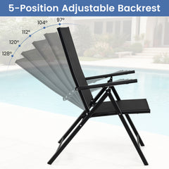 Set of 2 Patio Folding Chairs Adjustable with Breathable Fabric Seats-Black