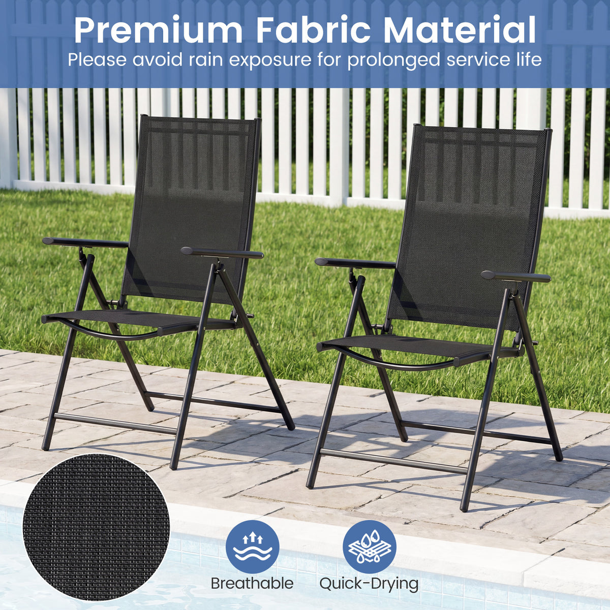 Set of 2 Patio Folding Chairs Adjustable with Breathable Fabric Seats-Black