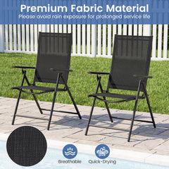 Set of 2 Patio Folding Chairs Adjustable with Breathable Fabric Seats-Black