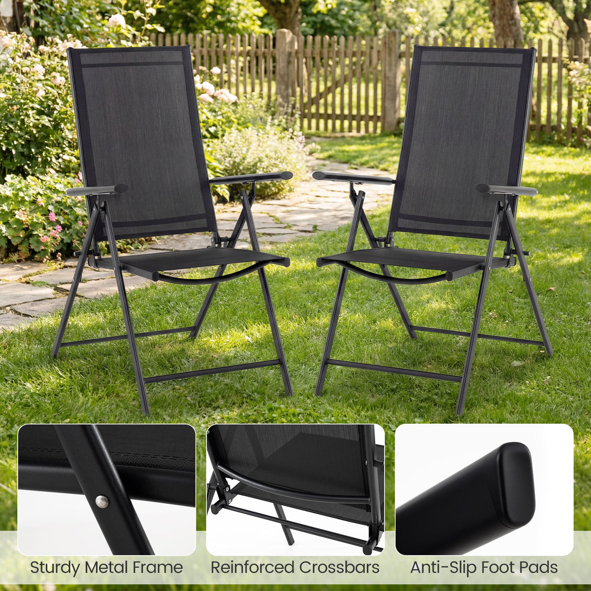 Set of 2 Patio Folding Chairs Adjustable with Breathable Fabric Seats-Black
