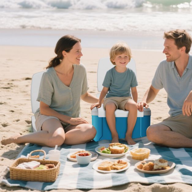 A white poolside chair with handle and back support shown in use by a family on a beach