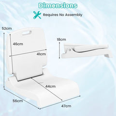 Dimensions of the white poolside chair with handle and back support, showing folded and open views