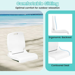 Close up of the white poolside chair with handle and back support, showing its ergonomic backrest and contoured seat