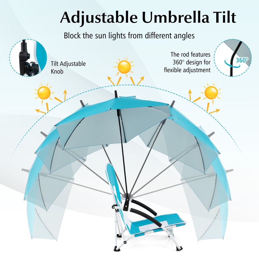 The portable beach umbrella chair showing its adjustable umbrella tilt mechanism and knob