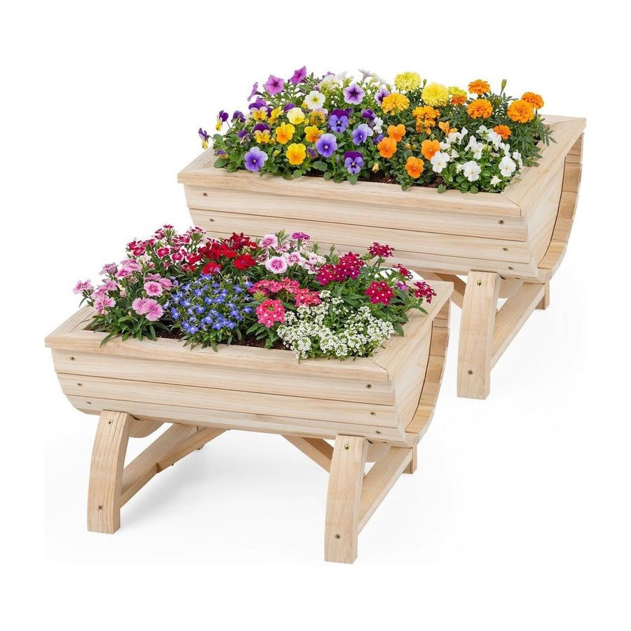 Set of 2 Raised Wood Garden Beds with Legs and Drainage Hole for Vegetables-Natural