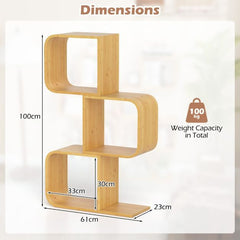 The bamboo bookshelf shown with technical lines and arrows indicating its overall height and width