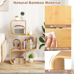 The bamboo bookshelf shown with close-up panels highlighting the smooth surface and curved edges