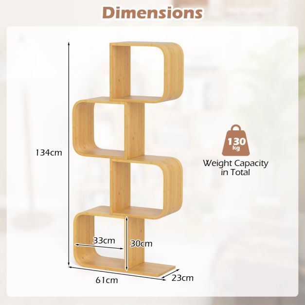 Dimensions diagram for the S-shaped bamboo bookcase showing height and width