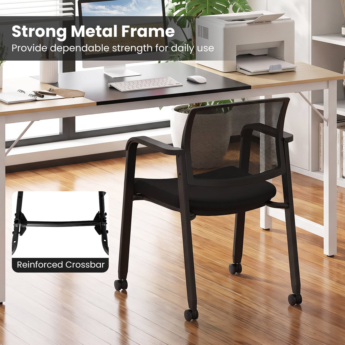 Set of 2 Stackable Conference Room Chairs with Wheels for Home Office-Black