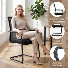 The office chairs in use by a woman with close-up details of the base and backrest