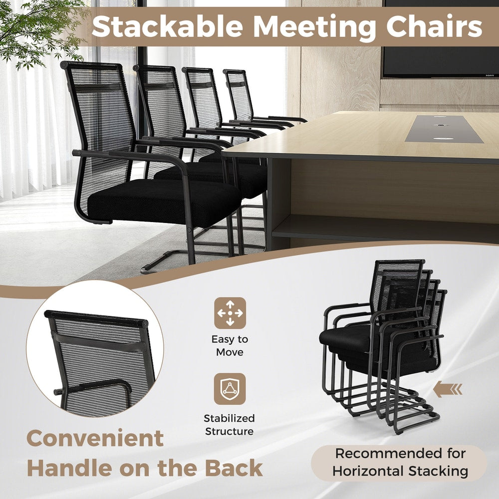 The office chairs demonstrating the stackable design and the handle on the backrest