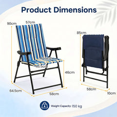 Dimensions diagram of a folded and unfolded blue striped beach chair