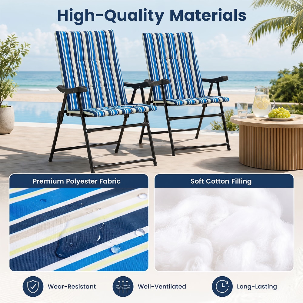 Close up of the blue striped fabric and soft filling of the beach chairs