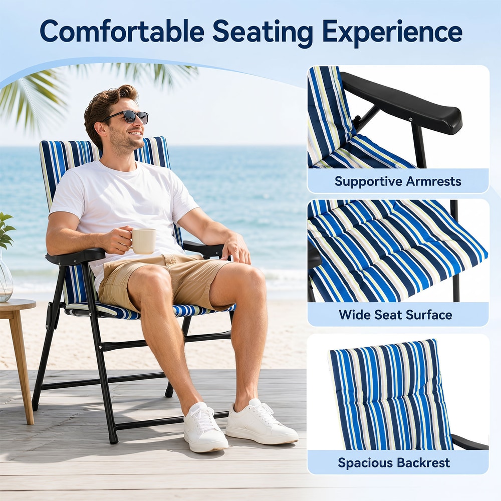 Man sitting comfortably in a blue striped beach chair with armrests