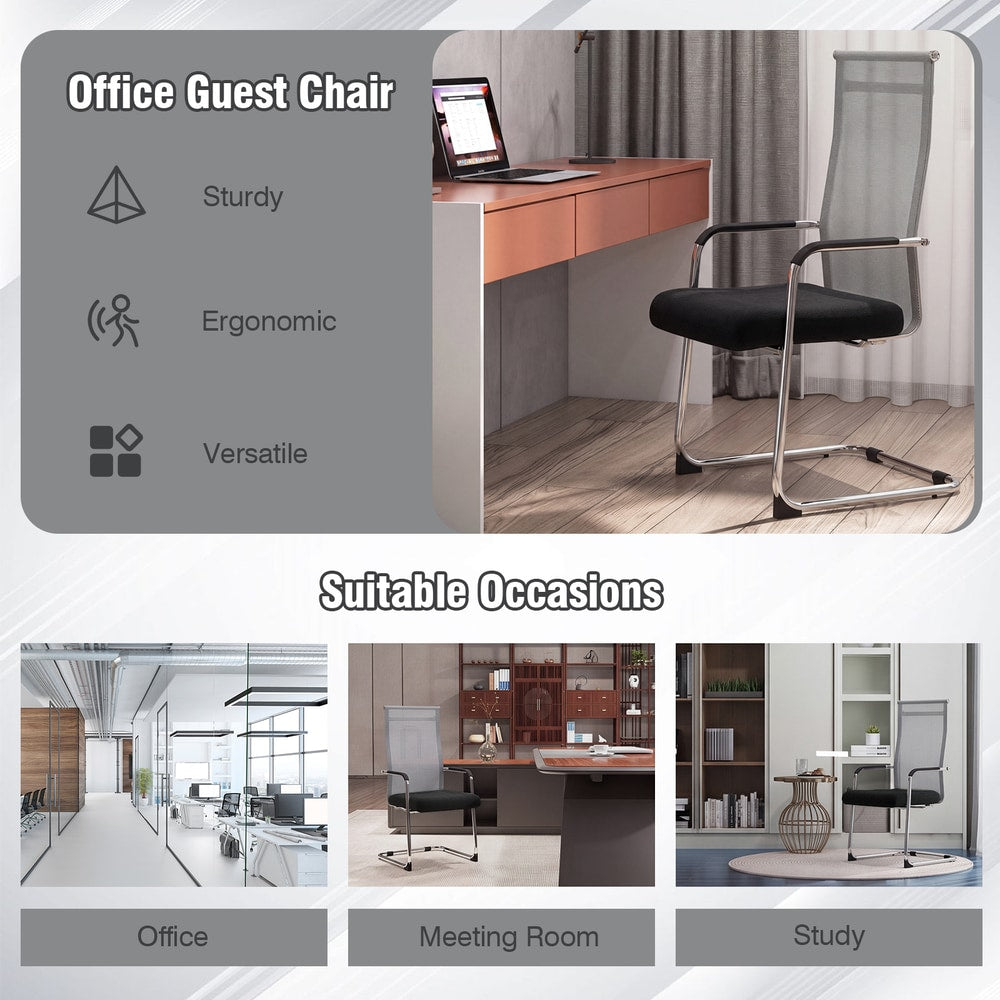 Office guest chairs shown in different settings like office, meeting room and study
