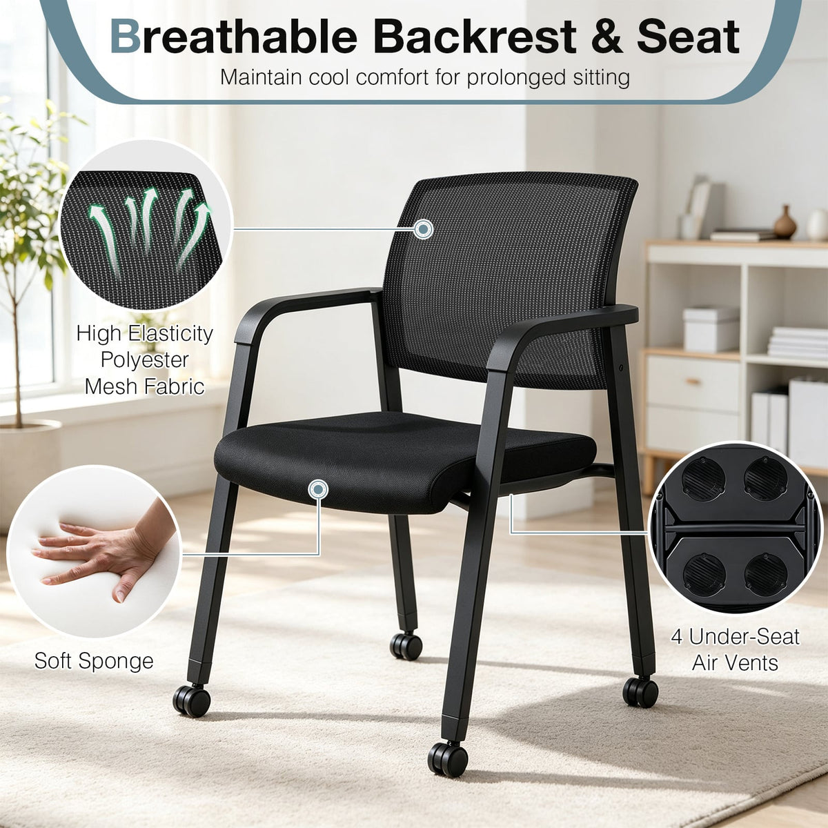 Set of 4 Stackable Conference Room Chairs with Wheels for Home Office-Black