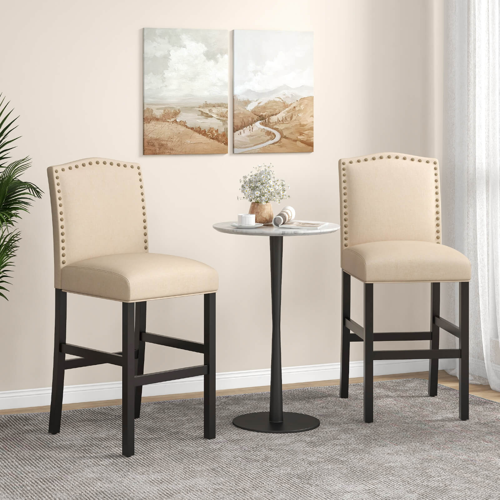 Set of 2 Bar Chair with Rubber Wood Legs for Home and Pub-Beige