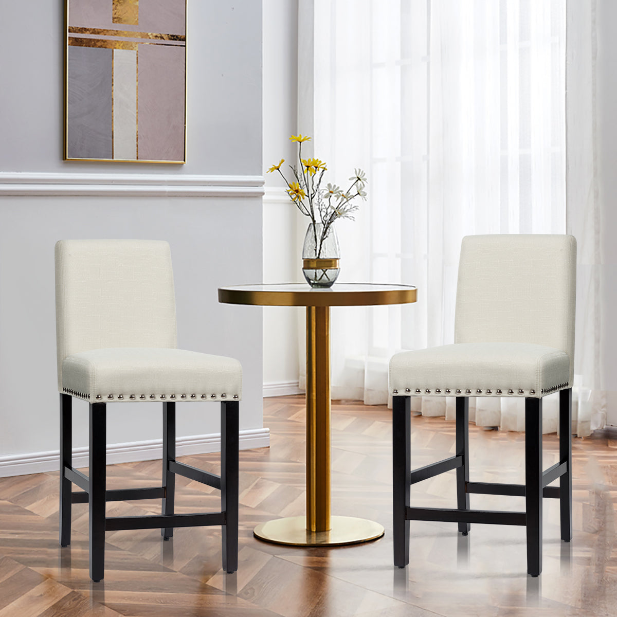 Set of 2 Bar Stool Upholstered Fabric with Low Backrest and Wide Seat-Beige