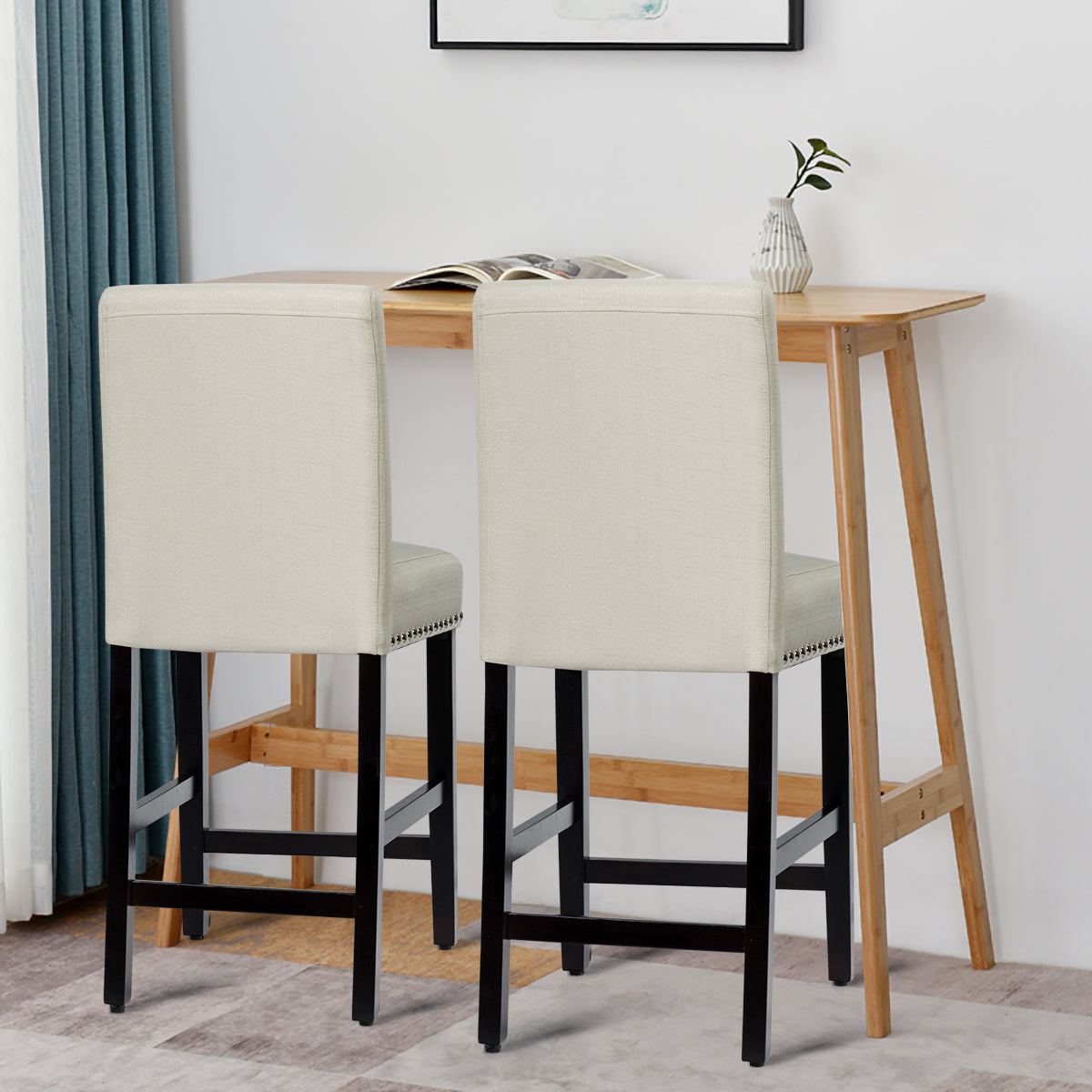 Set of 2 Bar Stool Upholstered Fabric with Low Backrest and Wide Seat-Beige