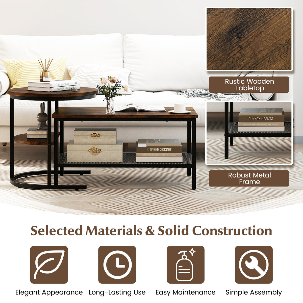 Set of 2 Nesting Coffee Table with Extra Storage Shelf-Coffee
