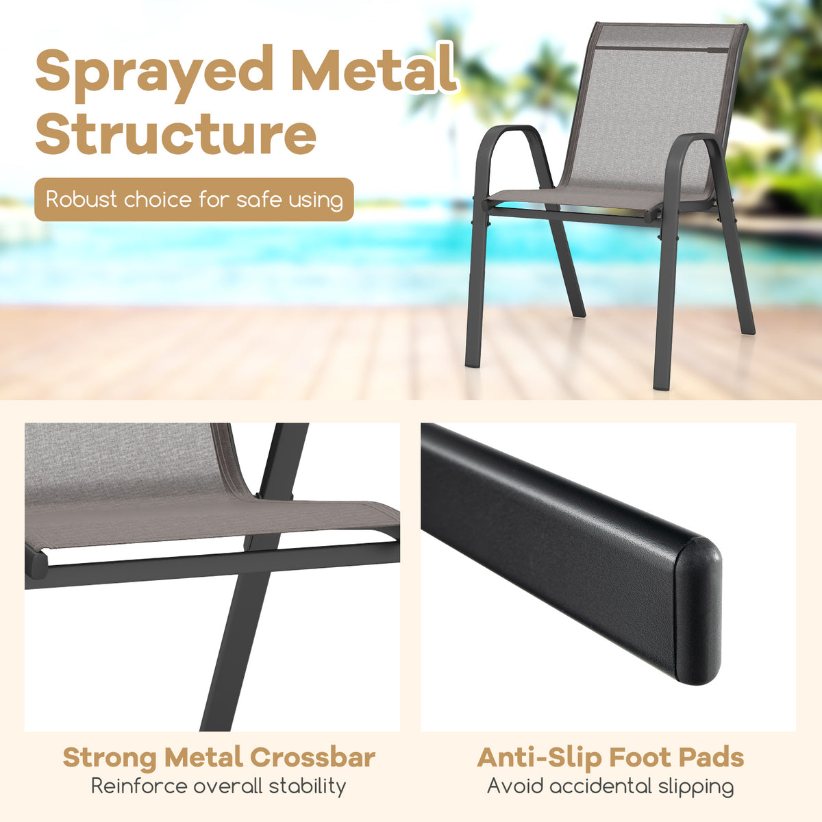 Set of 2 Patio Stackable Metal Dining Chairs with Armrests-Grey