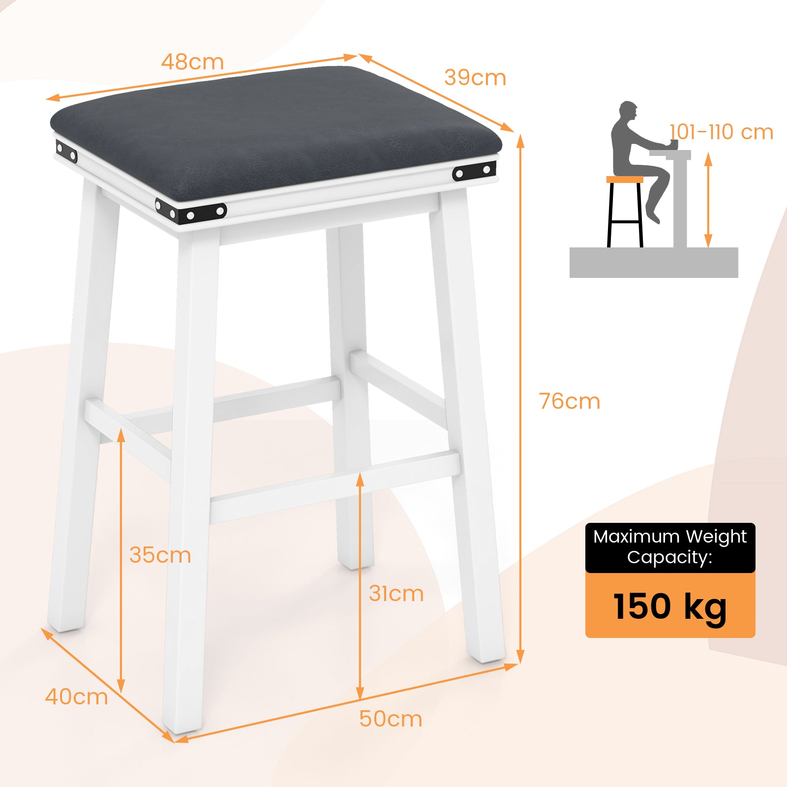 Set of 2 Upholstered Bar Stool 76cm Backless Height Bar with Footrest-White