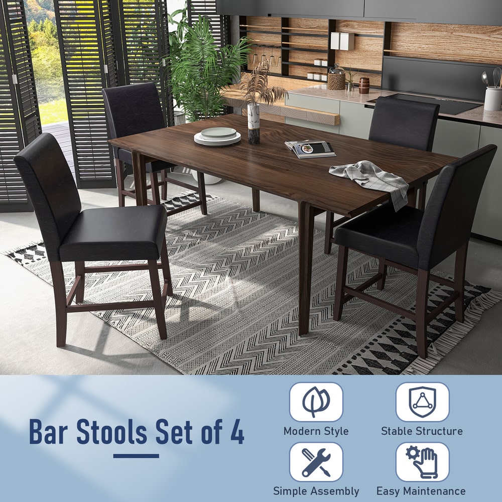 The bar stools set around a wooden dining table with icons highlighting product features