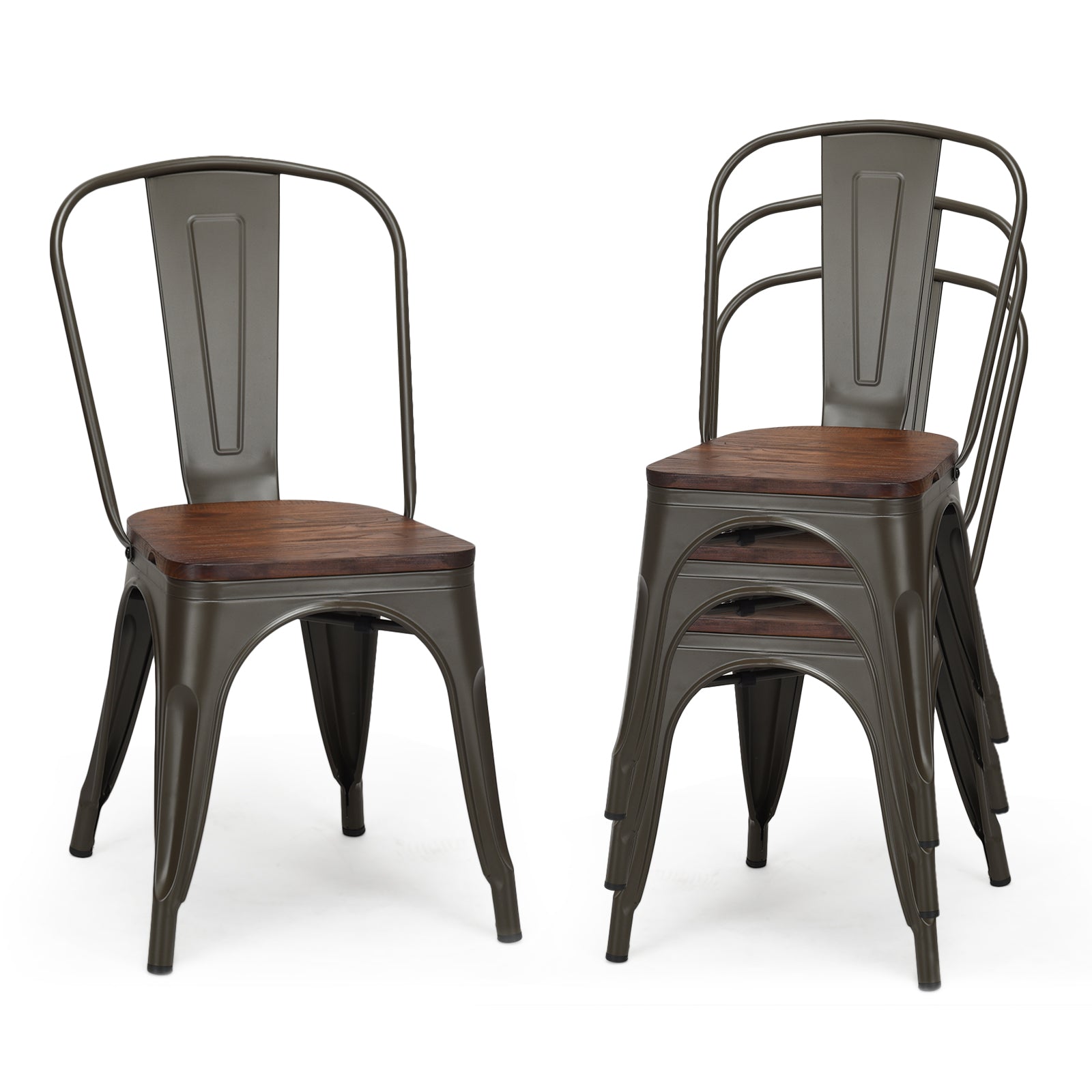 Set of 4 Stackable Metal Dining Chairs with Iron Backrest-Gun