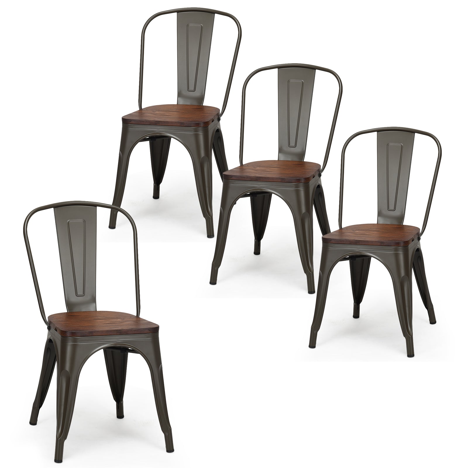 Set of 4 Stackable Metal Dining Chairs with Iron Backrest-Gun