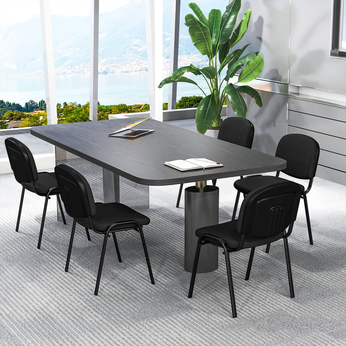 Set of 5 Stackable Reception Guest Chairs with Waterfall Seat and Metal Frame-Black