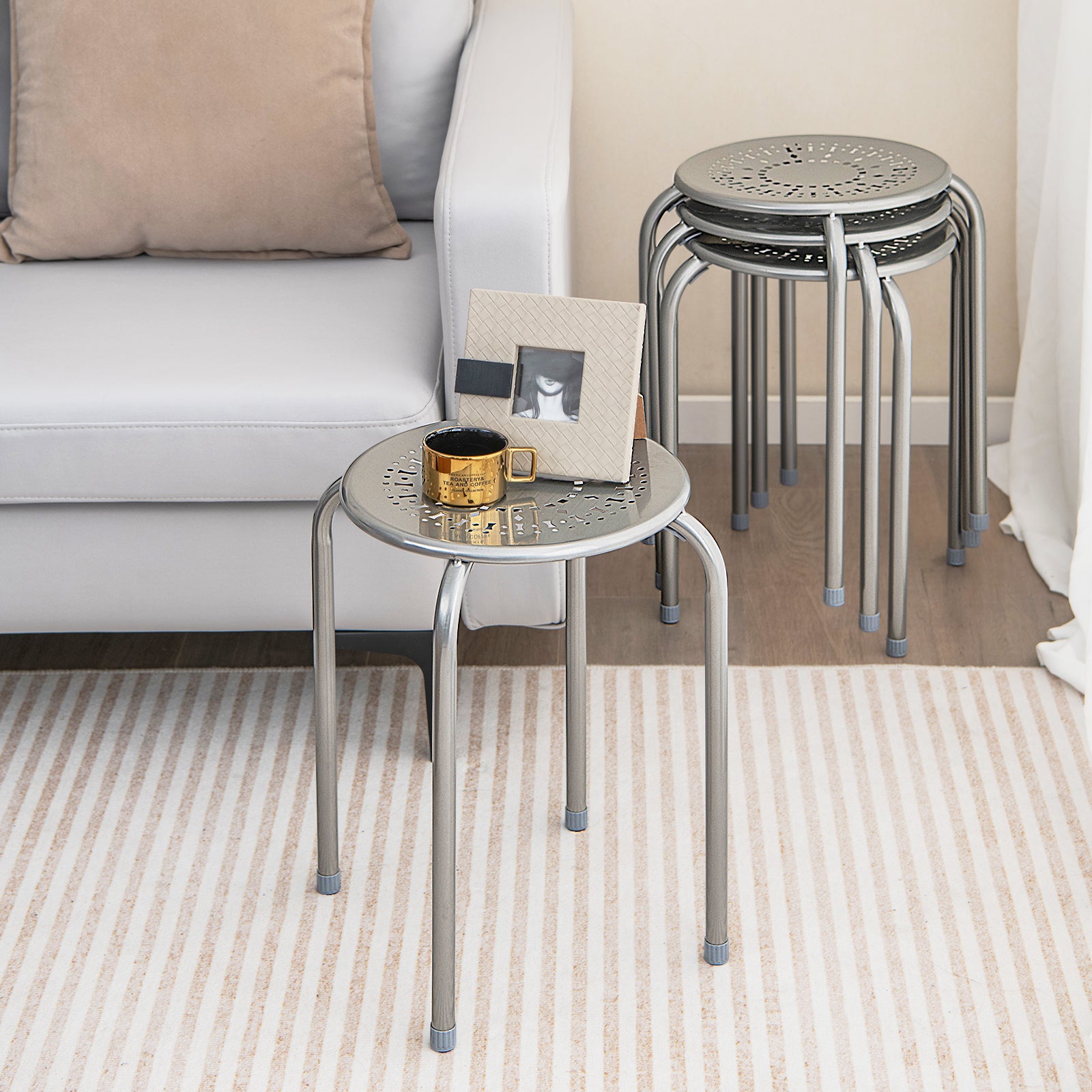 Set of 6 Round Metal Stools Support up to 120kg-Grey