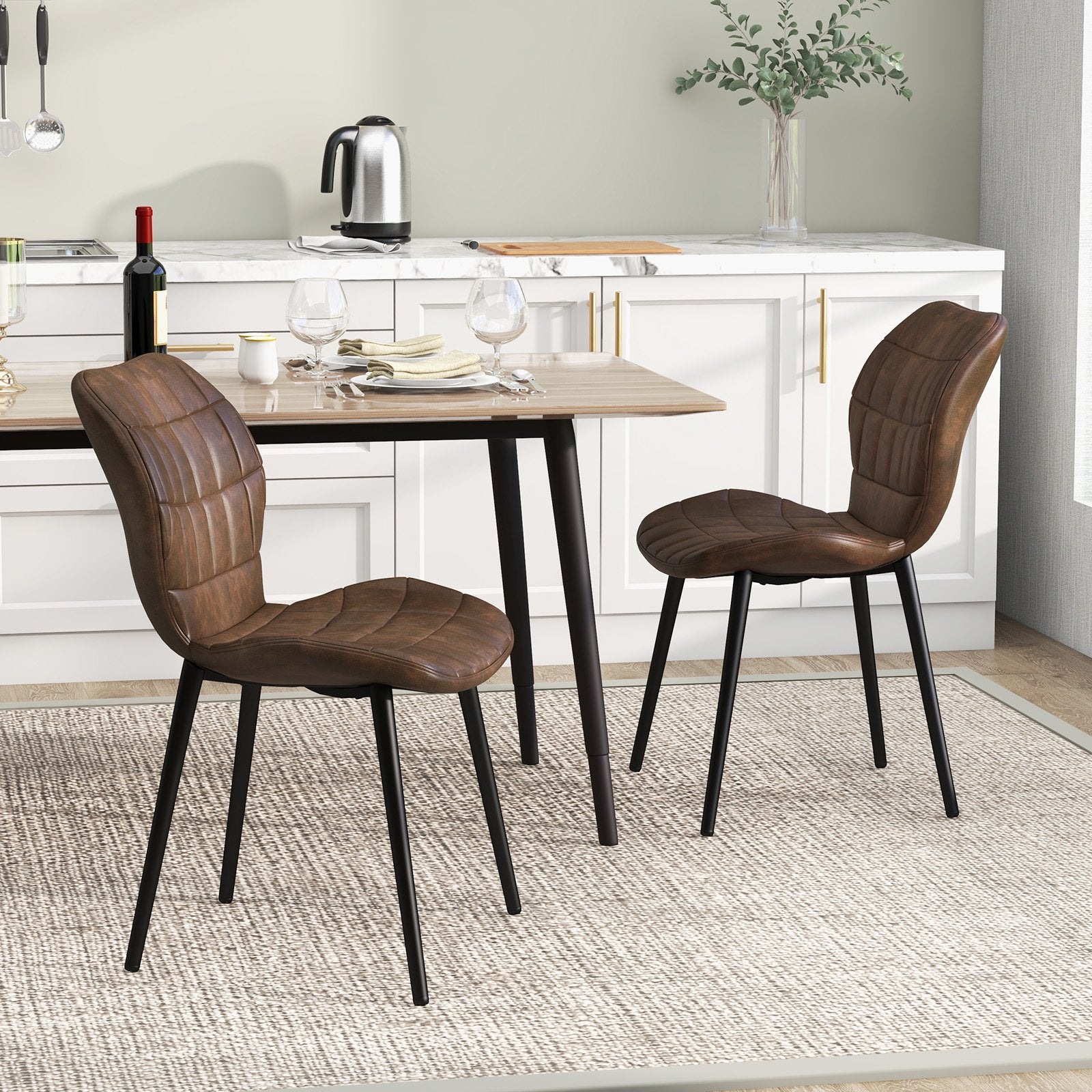 Set of 2 Dining Chairs Retro Kitchen Chairs with Padded Back-Brown-2 Pack
