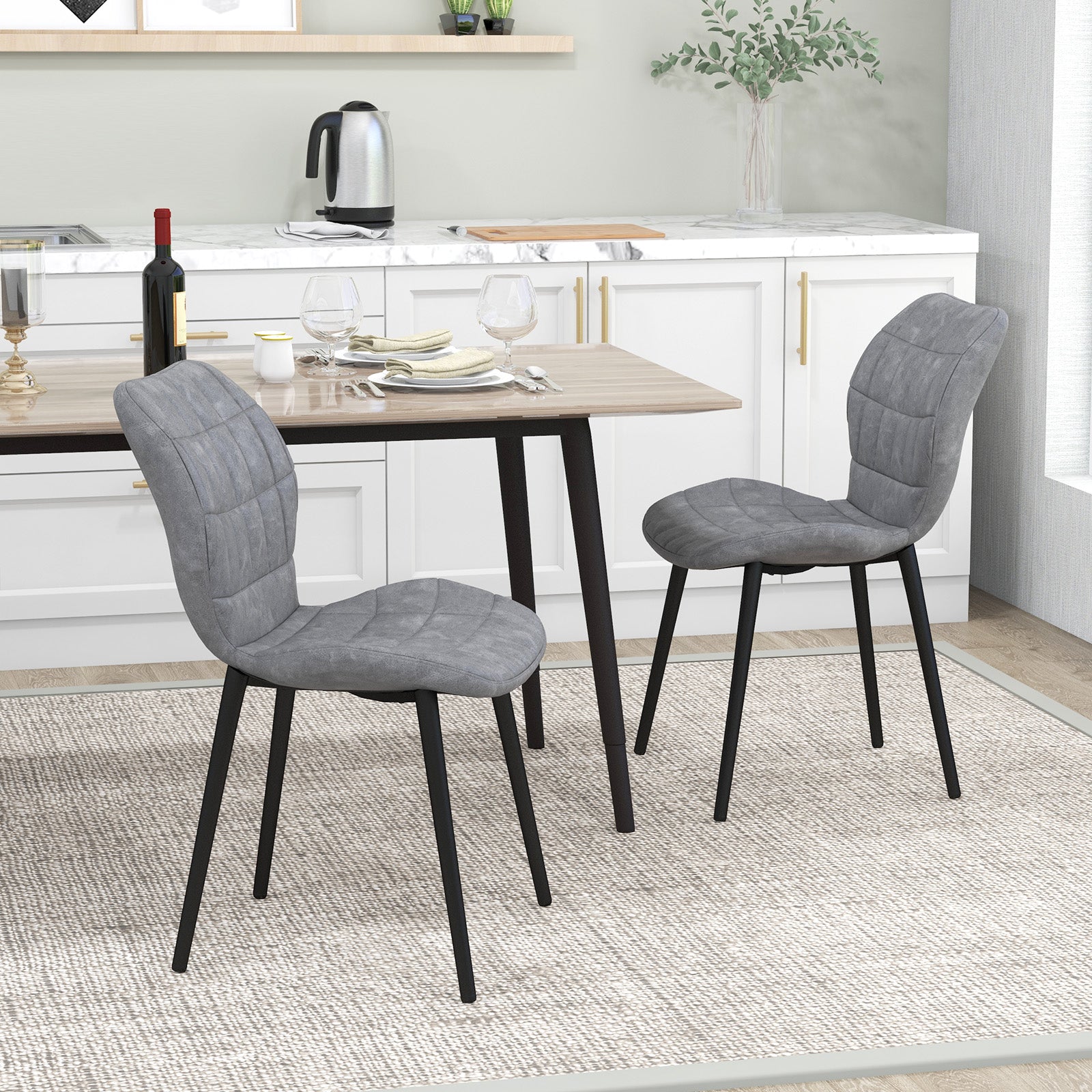 Set of 2 Dining Chairs Retro Kitchen Chairs with Padded Back-Grey-2 Pack