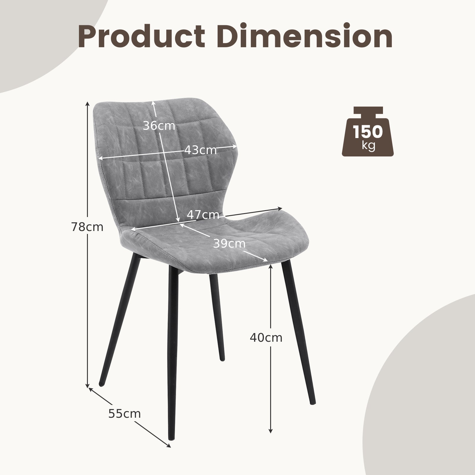 Set of 2 Dining Chairs Retro Kitchen Chairs with Padded Back-Grey-2 Pack